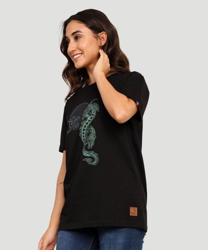 Women's Black Graphic Print Half Sleeves Oversized Fit T-Shirt